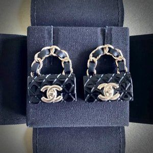 CHANEL Black Bag with Gold Logo Earrings